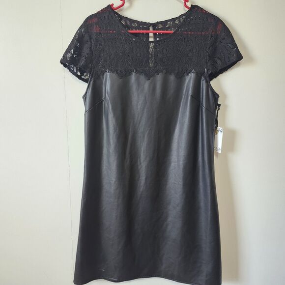 Kensie NWT Women's Black Lace-Trim Faux-Leather Shift Dress Size 10 - Picture 2 of 14